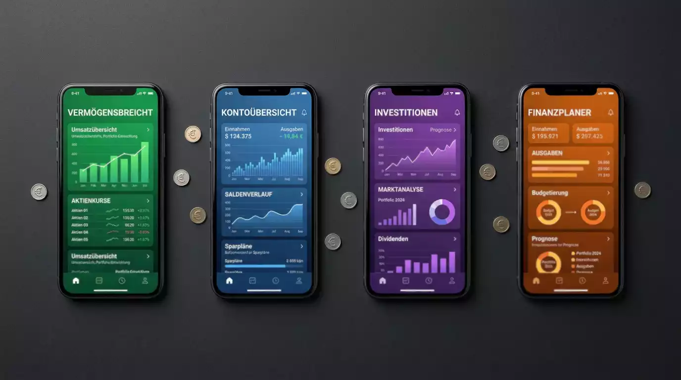 Vier Smartphones nebeneinander mit verschiedenen E-Wallet-Apps für den Sportwetten-Vergleich