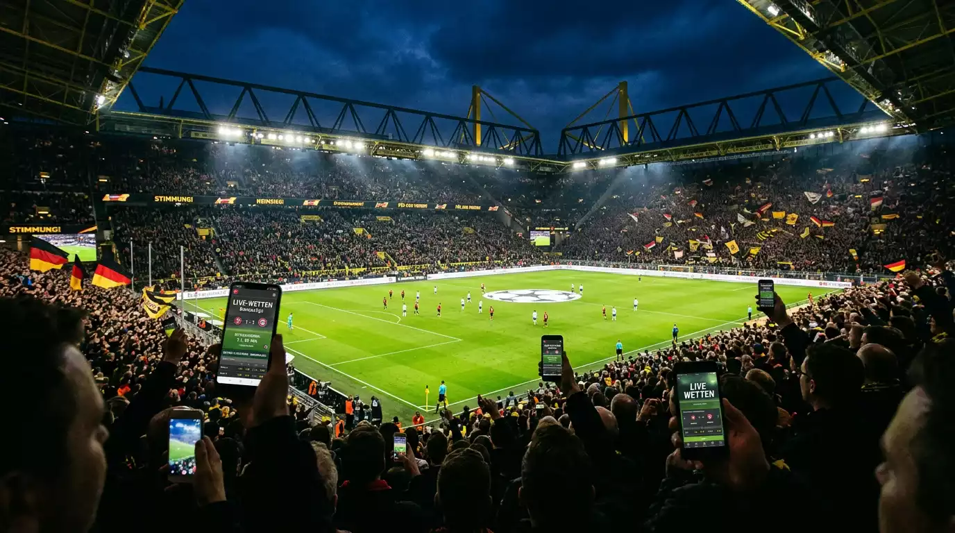 Fußballstadion in Deutschland mit Zuschauern und mobilen Geräten als Symbol für den Sportwettenmarkt