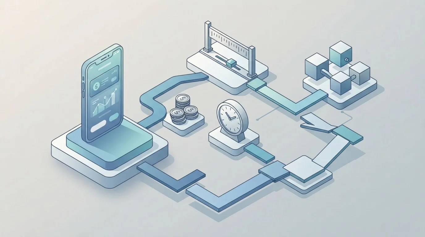 Abstrakte Darstellung eines mobilen Wallets mit getrennten Symbolen für Gebühren, Bearbeitungszeiten und Zahlungslimits