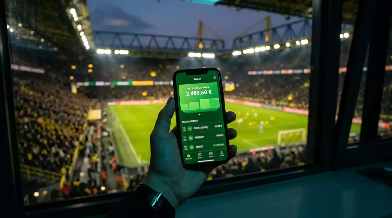 MuchBetter E-Wallet App auf einem Smartphone neben einem Fußballfeld