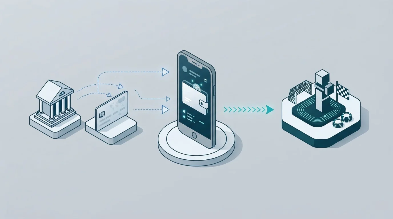 Schematische Darstellung eines mobilen Wallets mit getrennten Wegen für die Guthabenaufladung und die Einzahlung auf ein Wettkonto